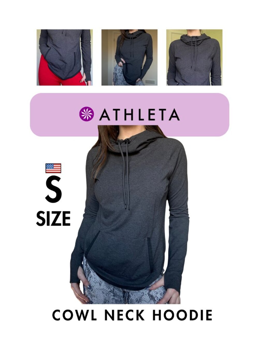 Athleta Cowl Neck Hoodie - Gray Thumbhole Pullover - Athletic Lounge Top S